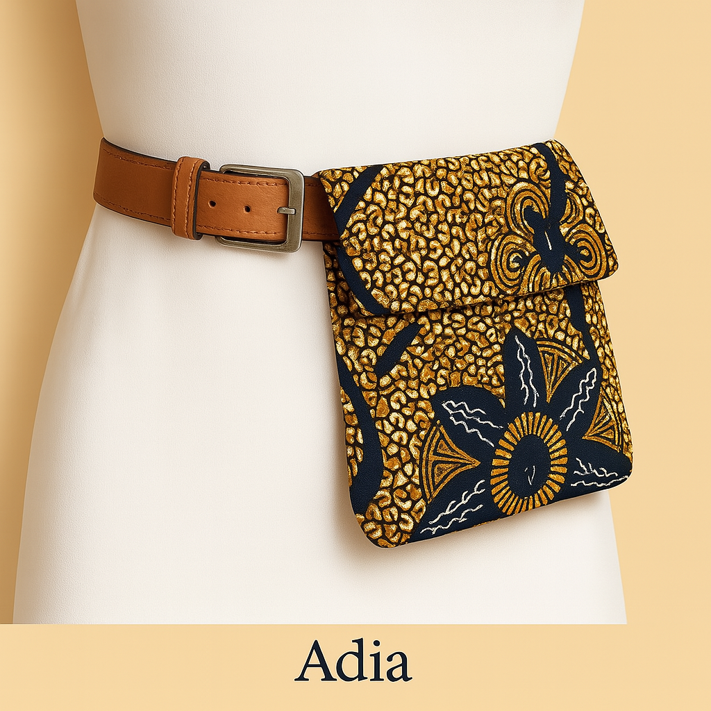 Pochette ceinture en wax et madras, motif floral , ceinture amovible