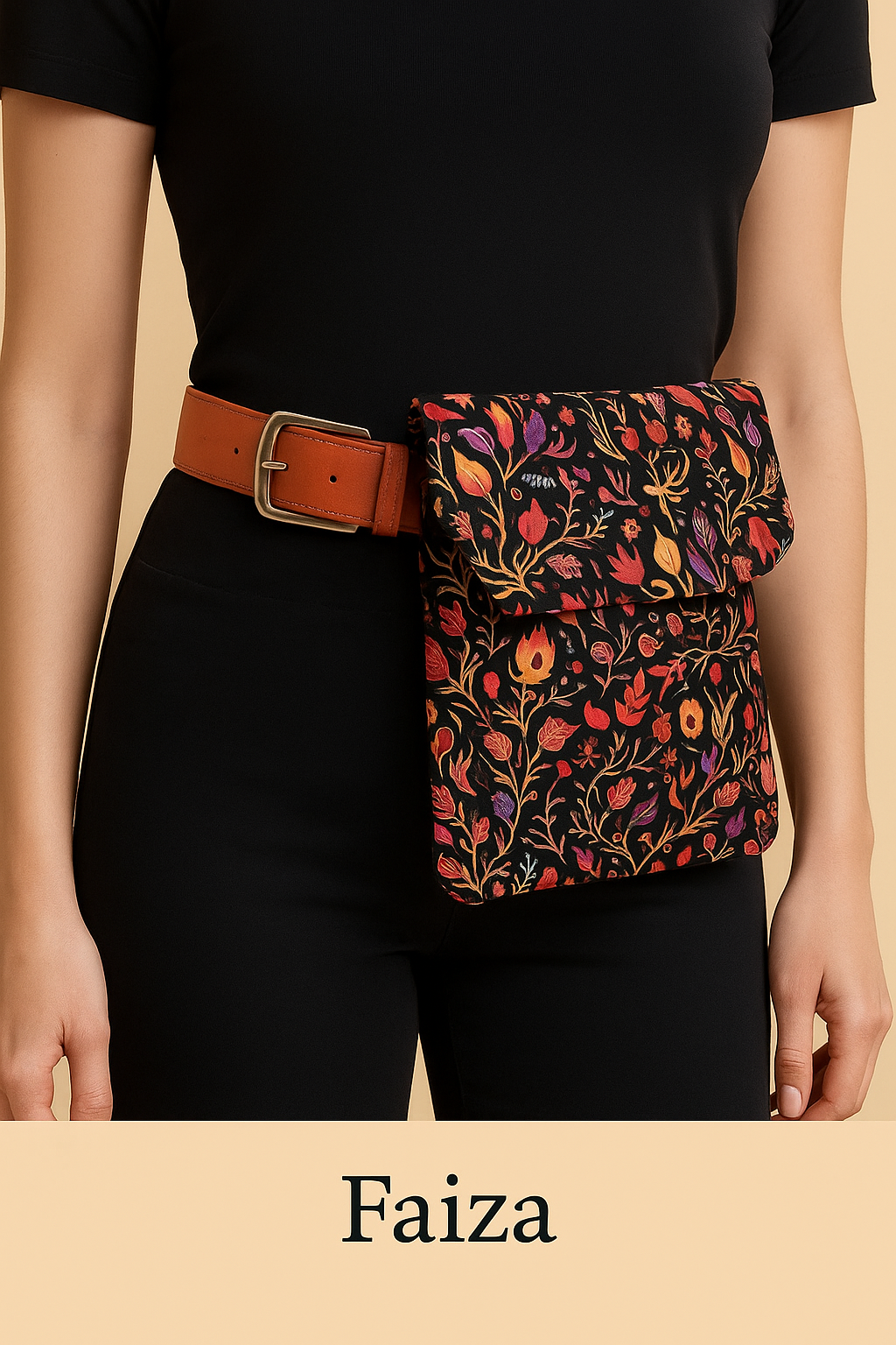 Pochette ceinture en wax et madras, motif floral , ceinture amovible
