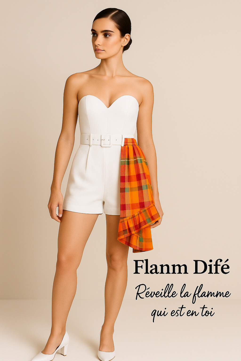 Jupe asymĂ©trique en tissu wax fleuri et coton blanc, volantĂ©e, collection Tombé JusteâŻ