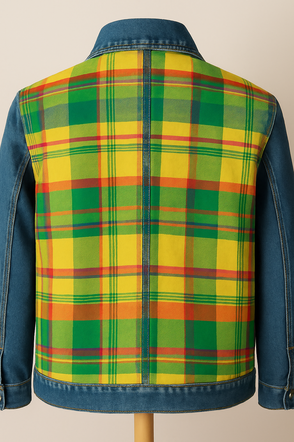 veste en jean bleue / madras jaune