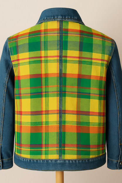 veste en jean bleue / madras jaune