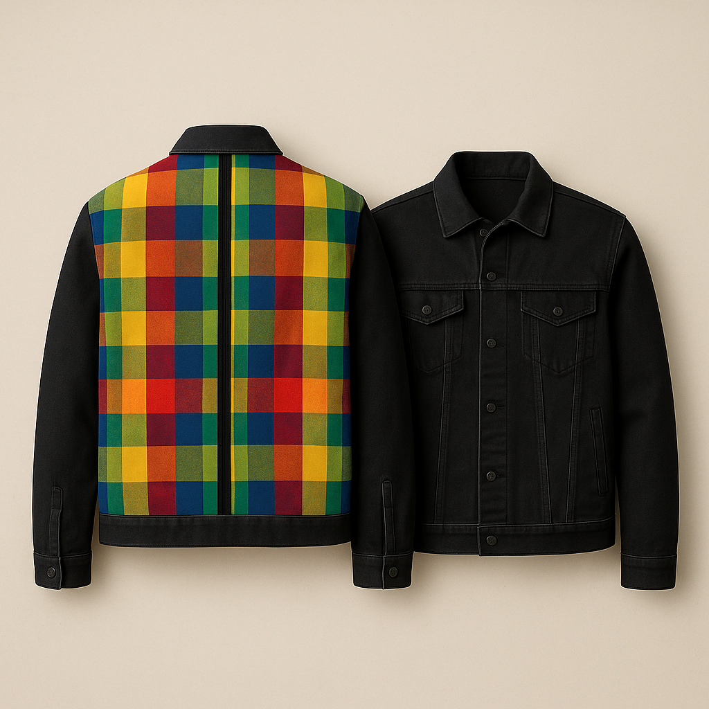 Veste en jean noire /madras arc-en-cile