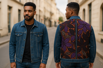 Veste en jean bleue/ wax
