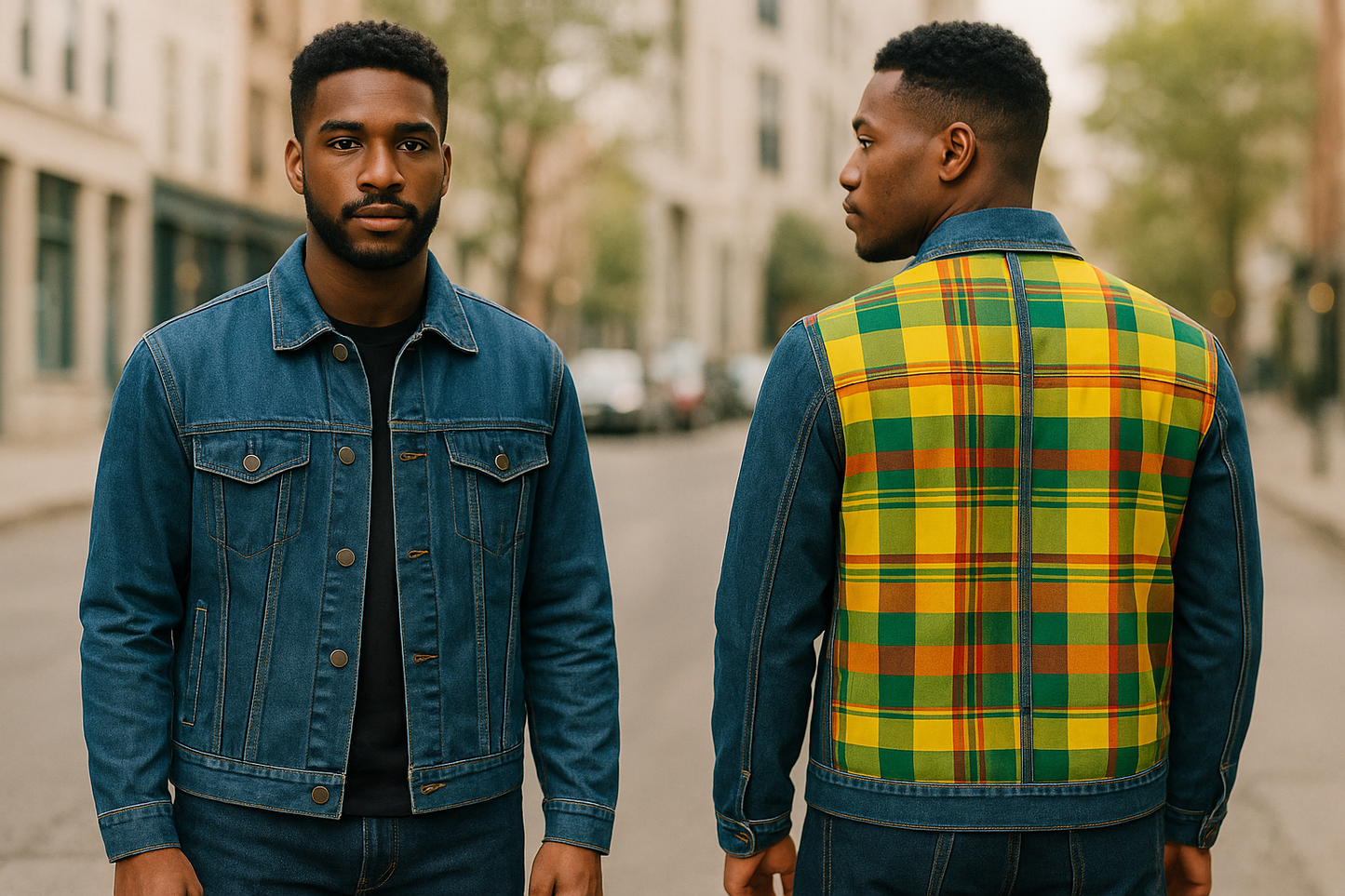 Veste en jean bleue / madras jaune