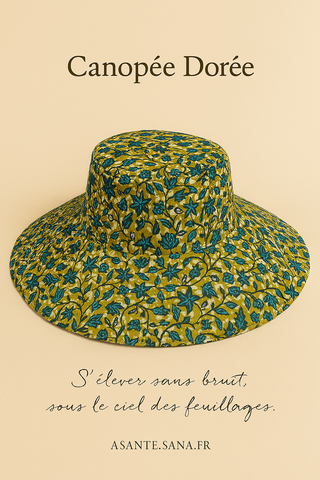 (Évoque à la fois l’ombre protectrice du chapeau et l’intensité des couleurs et des cultures qu’il incarne. Élégant, évocateur, et fort visuellement.)