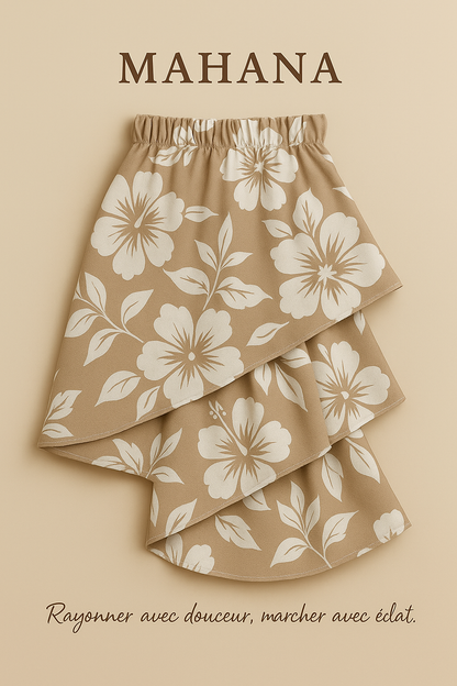 Jupe asymétrique en tissu wax fleuri et coton blanc, volantée, collection Tombé Juste 