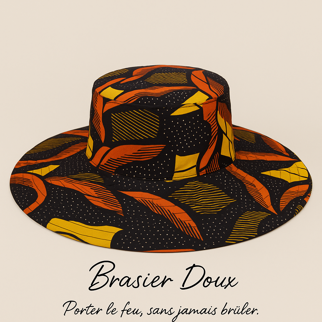 (Évoque à la fois l’ombre protectrice du chapeau et l’intensité des couleurs et des cultures qu’il incarne. Élégant, évocateur, et fort visuellement.)