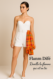 Jupe asymétrique en tissu wax fleuri et coton blanc, volantée, collection Tombé Juste 