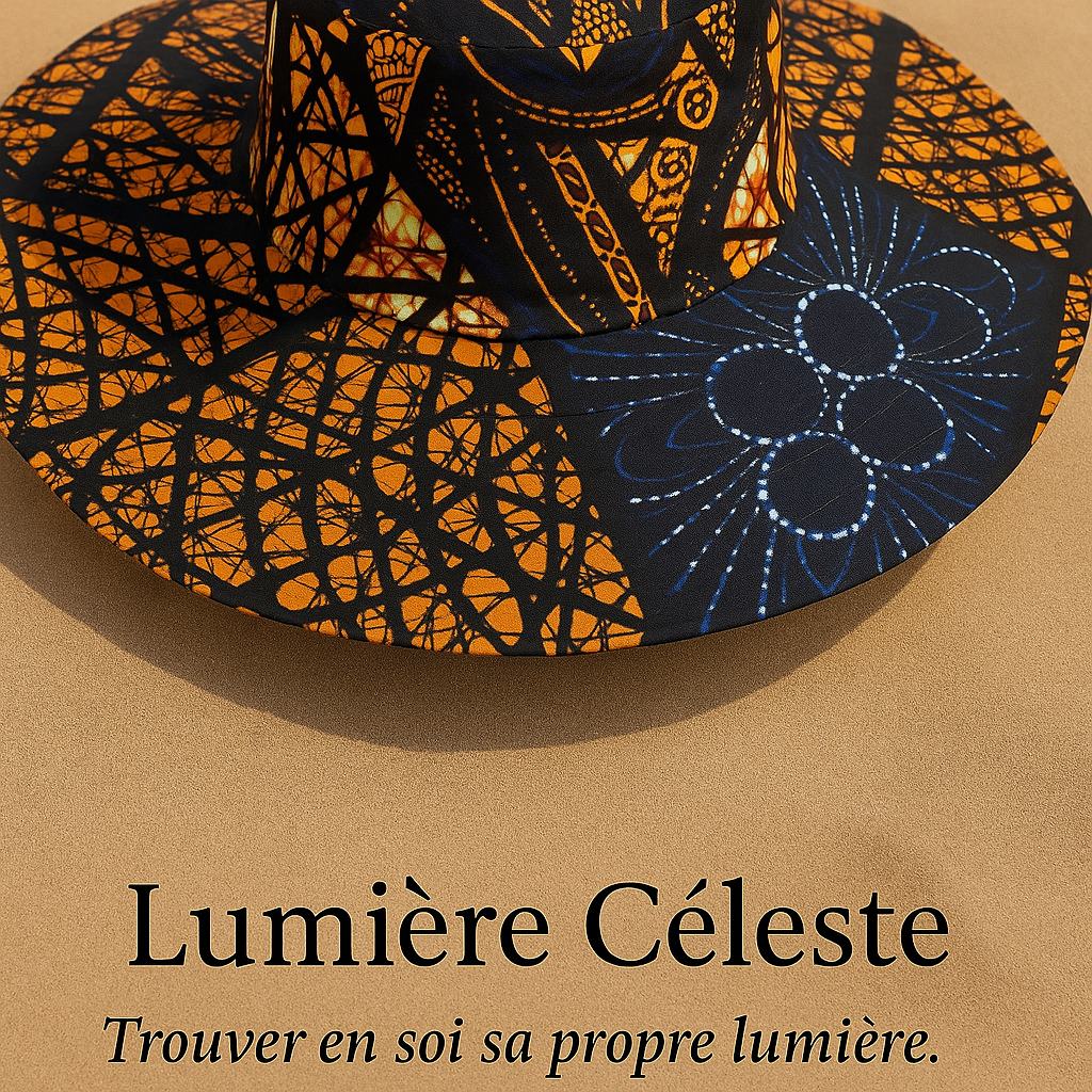 (Évoque à la fois l’ombre protectrice du chapeau et l’intensité des couleurs et des cultures qu’il incarne. Élégant, évocateur, et fort visuellement.)